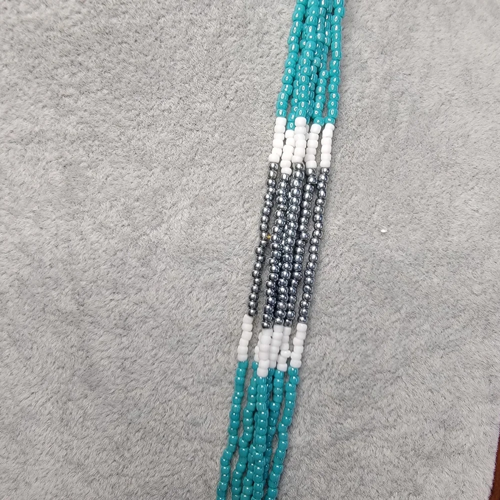 Multi-Strand Necklace Glass Seed Beads in Turquoise, White and Silver